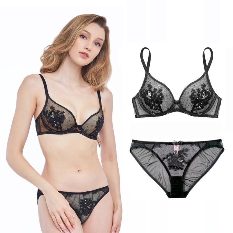 Joey Macon Women’s Underwired Bra Elegant Floral Lace Supportive Soft Mesh Lined Cute Bralette Matching Brief Set B to E cup Black
