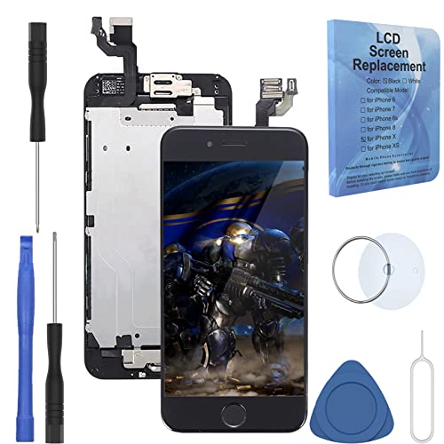 passionTR Black for iPhone 6 Plus 5.5 Inch LCD Screen Replacement with Home Button Front Facing Camera Ear Speaker Proximity Sensor Full Complete Frame Digitizer Display Assembly with Repair Tool kit