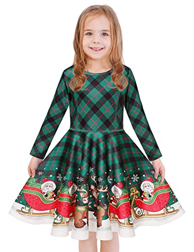 LaBeca Girls Printed Christmas Party Dresses Twirly Long Sleeve Dress Santa Check XL