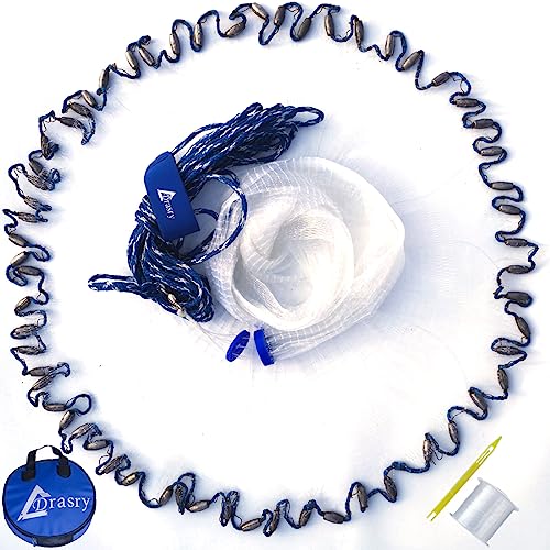 Drasry Saltwater Fishing Cast Net for Bait Trap with Heavy Sinkers Fish Throw Net. Size 3ft/4ft/5ft/6ft/7ft/8ft/9ft Radius Freshwater (Monofilament Lines Cast Net（3/8 Inch Mesh）, 4FT (120cm) Radius)