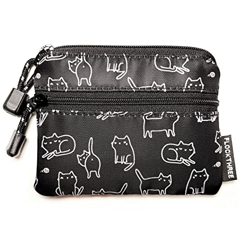 FLOCK THREE Small Coin Purse for Women with Zipper Mini Change Wallet Credit Card Holder Keychain Pouch Cute Ladies Key Card Cases Money Organizers for Boys Girls (Black Cat)