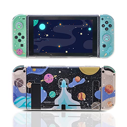 NANANINO Switch Clear Glitter Case, Switch TPU Case, Switch Protective Case with Animal Crossing Thumb Grips and Tempered Glass Screen Protector - Rocket Theme