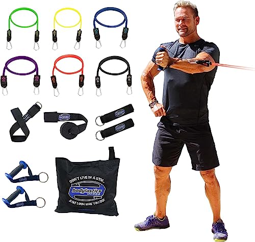 Bodylastics Resistance Band Set-Resistance Bands with Handles, Ankle Straps, Door Anchor, Carry Bag Heavy-Duty Stretch Exercise Bands-Patented Clips and Snap Reduction Tech (3-142LBS Set Assorted)