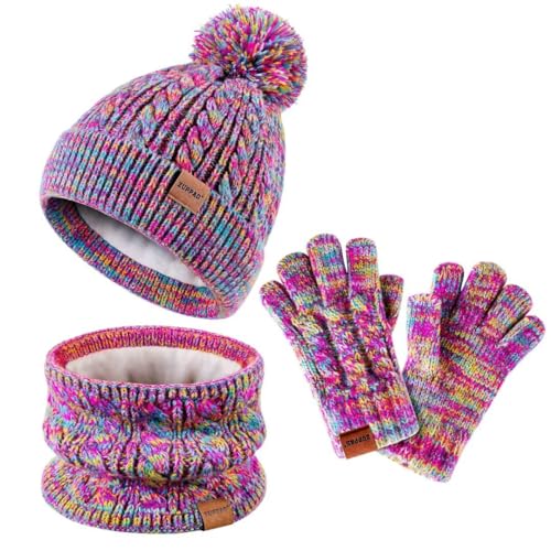 Kids Winter Hat Gloves Scarf Set,Girls Hats Beanie with Pom Knit Neck Warmer Gaiter Mittens Fleece Lined,Girls Accessories Cold Weather Set for Toddler Children Boys（Rainbow Mix）