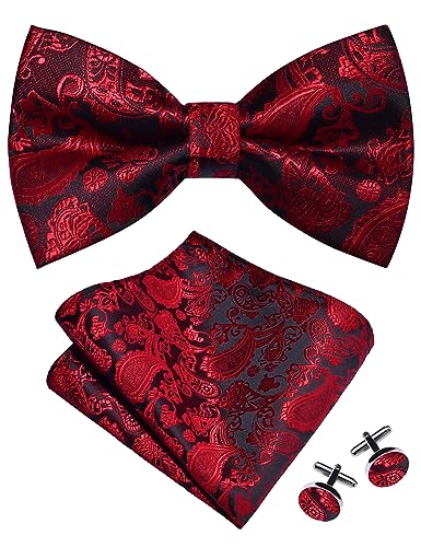 GUSLESON Red Bow Tie Pocket Square Set for Wedding Pre-Tied Silk Paisley Bowties Handkerchief Cufflinks for Men (0497-35)