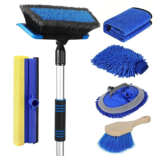 Lsyomne 62'' Car Wash Brush with Long Handle, Scratch-Free Soft Bristles Sturdy Car Wash Brush, Complete Cleaning Kit with Car Wash Mop Mitt Towel Windshield Squeegee Wheel Tire Brush for Car Truck RV