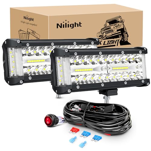 Nilight Side Shooter LED Light Bar 2PCS 7Inch Triple Row Spot Flood Combo Lights Led Work Light with Wiring Harness Kit for Off Road Fog Light Driving Light on Truck SUV ATV UTV, 2 Years Warranty