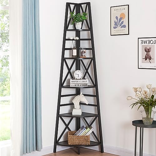 HOMBAZAAR 5-Tier Industrial Corner Bookshelf, Vintage Wood Look Accent with Metal Frame Etagere Bookcase, Freestanding Tall Ladder Shelf Display Organizer Home Office, Black