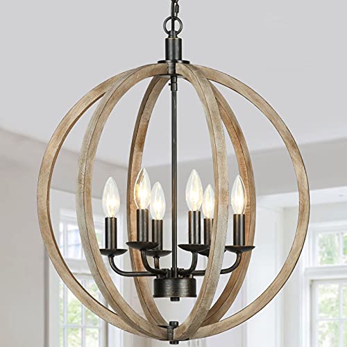 T&A Orb 6 Light Farmhouse Chandelier, Brown Wood Chandelier Globe Hanging Lights Fixture for Dining Room Bedroom Foyer Entryway and Living Room