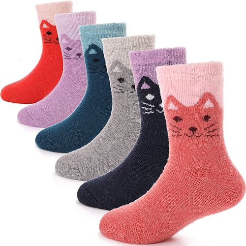 ANTSANG Kids Wool Hiking Socks Toddlers Boys Girls Winter Warm Thick Thermal Crew Boot Heavy Cozy Snow Cabin Gift Snowboarding Socks 6 Pairs for Child(Cat,4-7Y)