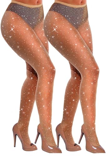 VEBZIN 2 Pair Nude Sparkly Fishnets Tights Rhinestone Party Fishnet Leggings Stockings Glitter Skin Colored Tights High Waist Pantyhose For Women