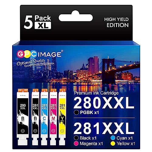 PGI-280XXL CLI-281XXL 5 Pack Compatible 280 281 Ink Cartridge Replacement for Canon 281 Ink cartridges Canon 280 Ink Use to PIXMA TS6120 TR7520 TR8520 TR8500 TR8600 TR8620 TS6220 TS9120 (5 Pack)