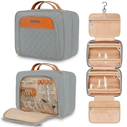 TOUCHFEEL Hanging Toiletry Bag for Women, Travel Makeup Bag Organizer, Extra Large Toiletries Bag, Water-resistant Bathroom Cosmetic Bag with Jewelry Organizer Compartment (Dark Gray, Large)