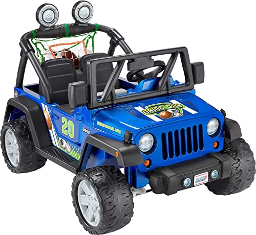 Power Wheels Ride-On Toy Gameday Jeep Wrangler Battery-Powered Vehicle with Sounds, Sports Net & 3 Balls, Preschool Kids Ages 3+ Years