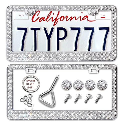 Newzon Bling Rhinestone Car License Plate Frames - Diamond Bedazzled Handcrafted Stainless Steel - Sparkly Glitter Crystal Caps for Men and Women (2 Pack, White)