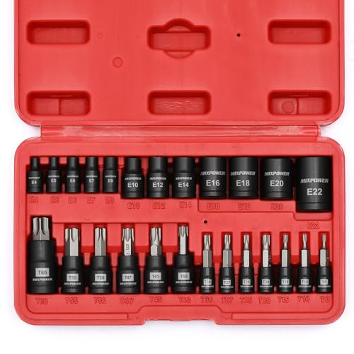 MIXPOWER 25 Piece Torx Bit and Female External Socket Set, 13 Star Bits (T8- T60)& 12 Female E-Torx Sockets (E4-E22), Professional Grade Auto & Motorcycle Mechanic Socket Set