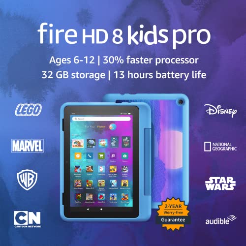 Amazon Fire HD 8 Kids Pro tablet- 2022, ages 6-12 | 8' HD screen, slim case for older kids, ad-free content, parental controls, 13-hr battery, 32 GB, Cyber Blue