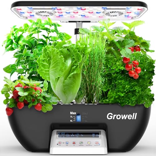 Growell Hydroponics Growing System, 17 Pods Herb Garden with 102 28W Full-Spectrum Grow Lights & 2 Fans, Indoor Garden with Auto Water Pump, 10L Water Tank, Auto Timer, Height Adjustable (Black)