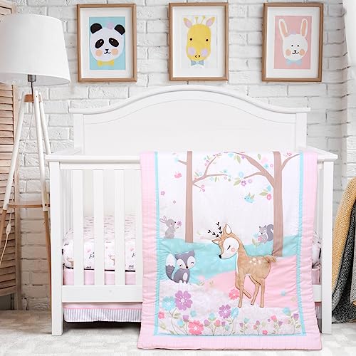UOMNY Crib Bedding Set for Girls 3 Piece Woodland Baby Girl Crib Bedding Set Include Fitted Crib Sheet Comforter Crib Skirt