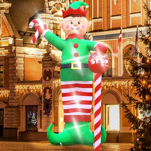 Christmas Inflatables, Giant 12FT Christmas Elf Inflatable Outdoor Decoration, Blow Up Xmas Elf Holding Candy Cane, LED Lighted Holiday Yard Decorations for Lawn Garden Home Party Xmas Winter Decor