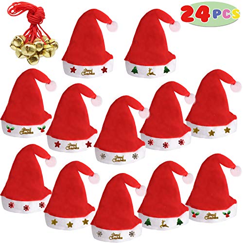 Kiddokids 12 Fancy Christmas Santa Hats with 12 Jingle Bell Necklaces Bulk for Christmas Party Favor Photo Booth; One Size Fits All.