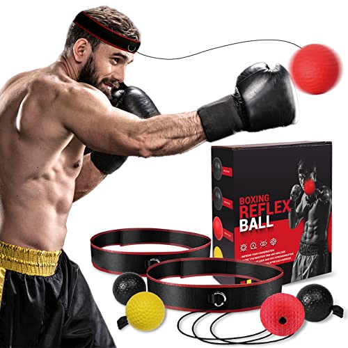 KTEBO Boxing Reflex Ball Headband Set, Boxing Equipment, Include 4 Different ball and 2 Adjustable Headband, Great for Beginner Improve Proficiency.