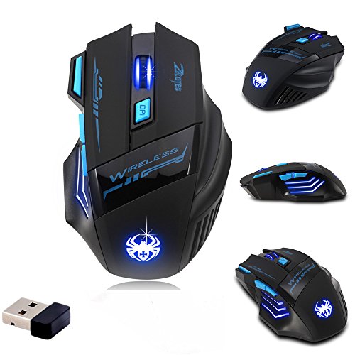 Zelotes F14 Professional Blue LED 2400 DPI USB 2.4G Optical Wireless Gaming Mouse Mice for Gamer (Black)
