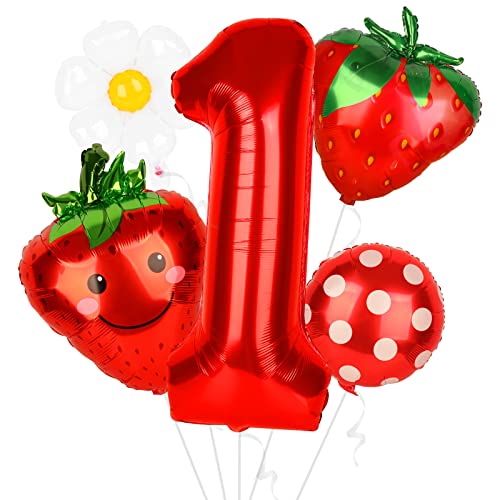 Dripykiaa 5Pcs Berry First Birthday Party Supplies 40 Inch Red One Balloon for Sweet One Birthday Party Decorations Strawberry Foil Helium Balloons Birthday Party Decorations Backdrops for Girls