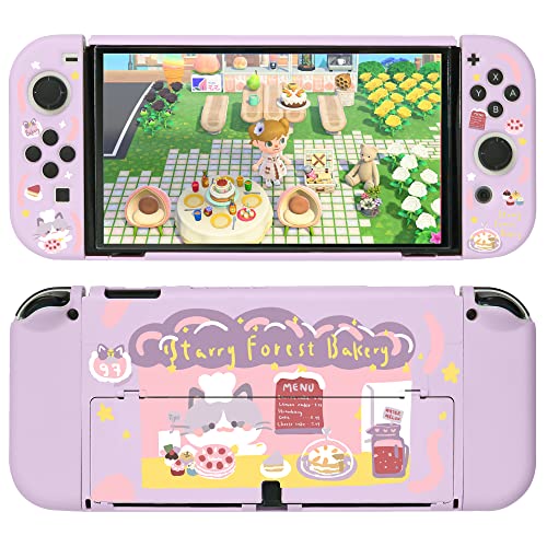Starry Forest Cute Protective faceplate for Nintendo Switch with Joycon sticks cover shell, purple cover case for Switch console, girls kawaii accessory for Switch -Cat Bakery(For Switch OLED)