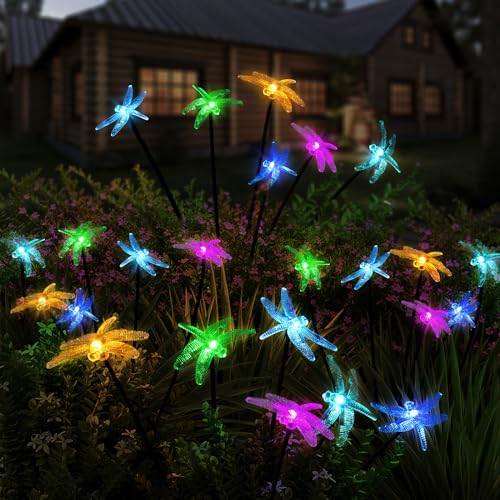 Wishator 4 Pack Swaying Solar Garden Lights Outdoor Decor Dragonfly, Lawn Decorations for Outside, Yard Decor Solar Dragonfly Swaying Lights Ornaments for Pathway, Patio, Flower Bed