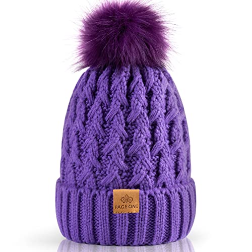 PAGE ONE Womens Winter Ribbed Beanie Crossed Cap Chunky Cable Knit Pompom Soft Warm Hat Light Purple