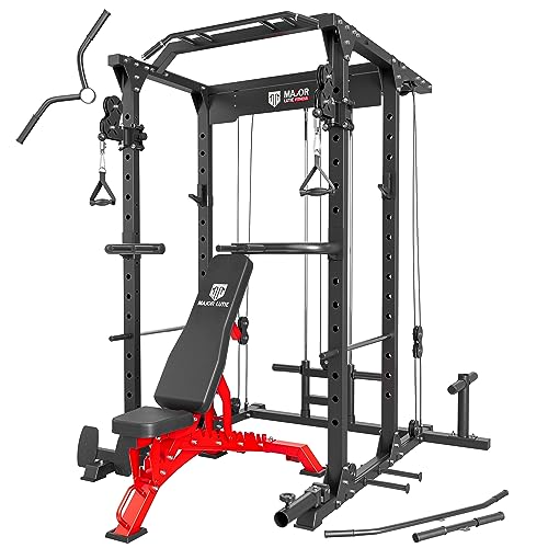 MAJOR LUTIE Power Cage with Weight Bench, 1400 lbs Capacity Multi-Function Power Rack with Adjustable Cable Crossover System and More Attachment(Black)
