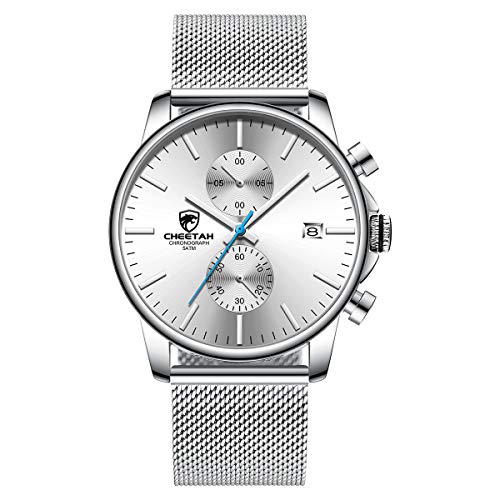 GOLDEN HOUR Men’s Watch Fashion Sleek Minimalist Quartz Analog Mesh Stainless Steel Waterproof Chronograph Watches, Auto Date in Blue Hands, Color: Silver White