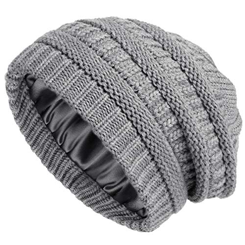 Winter Knit Beanie Hat for Women Men Satin Lined Cable Thick Slouchy Warm Cap Grey