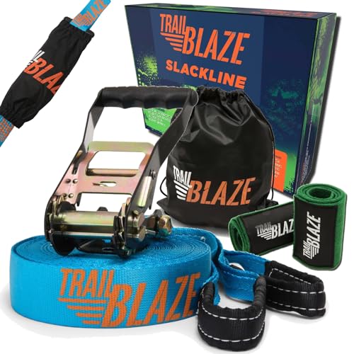 Trailblaze Premium Slackline Kit 60ft - Wider Tree Protectors Slack Lines for Backyard for Kids and Adults | Ninja Warrior Obstacle Course Slack Line Set for Kids