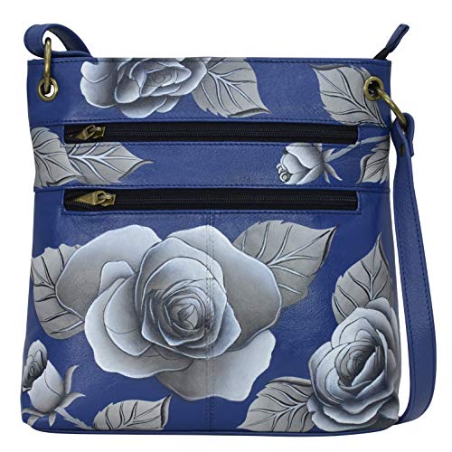 Anna by Anuschka Women's Genuine Leather Medium Crossbody Handbag, Hand Painted Exterior, Romantic Rose Blue