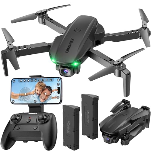 SIMREX X800 Drone with Camera for Adults Kids, 1080P FPV Foldable Quadcopter with 90° Adjustable Lens, RGB Lights, 360° Flips, One Key Take Off/Landing, Altitude Hold, 2 Batteries (Black)