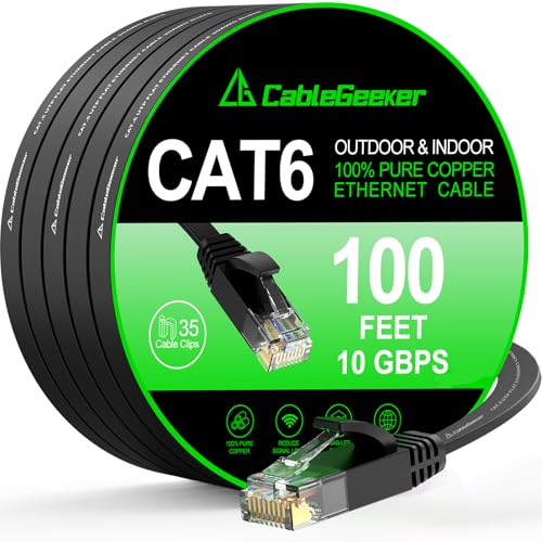 Cat 6 Ethernet Cable 100 ft, Indoor&Outdoor, High Speed 10Gbps Flat Internet Network Cable, Cat6 Ethernet Patch Cable Long, Black Computer LAN Cable with Clips & Straps for Router, Modem, PS4/5