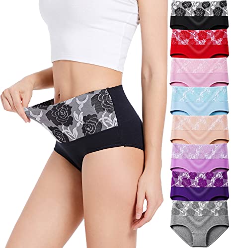 HAVVIS Women's Briefs Underwear Cotton High Waist Tummy Control Panties Rose Jacquard Ladies Panty Multipack (01-8 Pack - Assorted Colors, XX-Large)