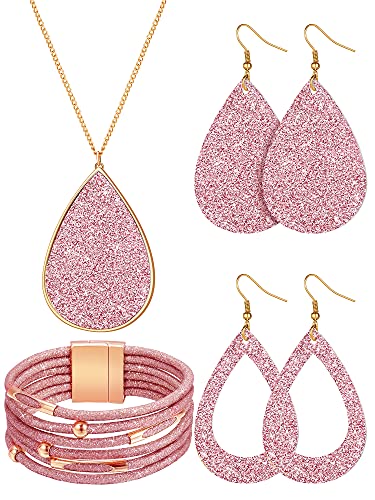 Hicarer 4 Pieces Women's Glitter Jewelry Set Bridal Wedding Multi-Layer Bracelet Faux Leather Dangle Earrings Necklace (Pink)