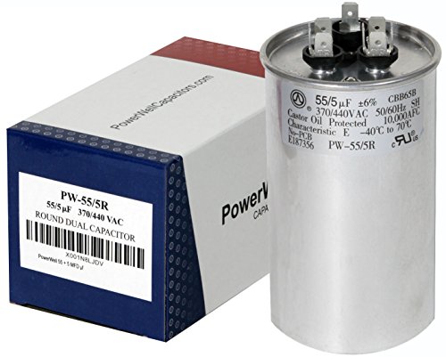 PowerWell 55 + 5 MFD uf Micro Farad 370 or 440 Volt Dual Run Round Capacitor PW-55/5/R for Condenser Straight Cool or Heat Pump air Conditioner 55/5 - Guaranteed to Last 5 Years