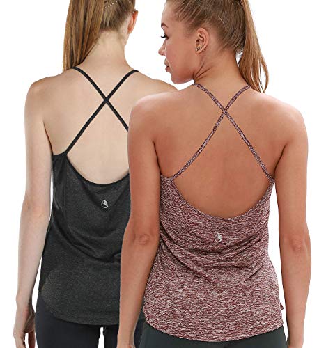 icyzone Workout Tank Tops for Women - Athletic Yoga Tops Open Back Strappy Running Shirts (Pack of 2)(S, Black/Burgundy)