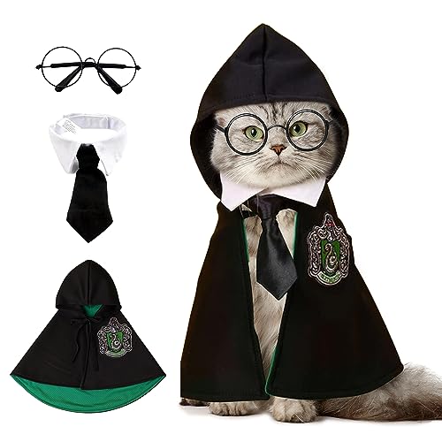 Dog Cat Costume Cape, Christmas Halloween Pet Wizard Apparels Cosplay Costume Set Soft Hoodies with Glasses Neckties (Medium, Green)