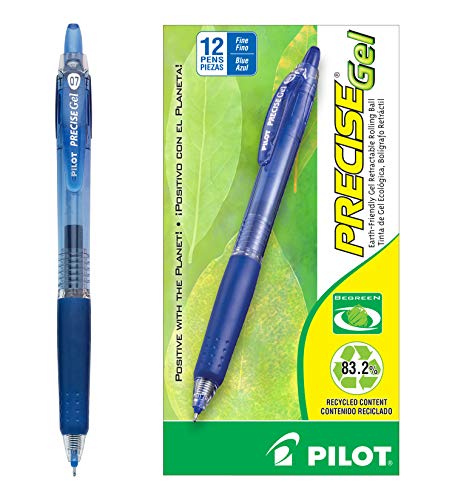 Pilot, Precise BeGreen, Refillable & Retractable Gel Roller Pens, Fine Point 0.7 mm, Blue, Pack of 12