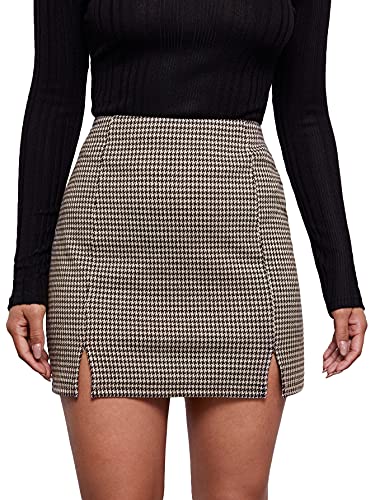 Milumia Women's Elegant High Waist Slit Hem Houndstooth Print Bodycon Mini Skirt Brown Small