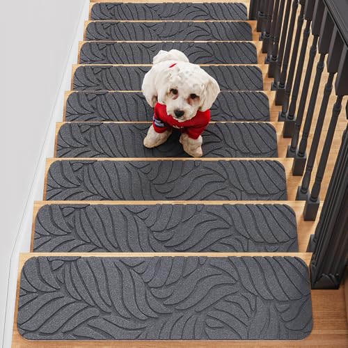 Fixmend Stair Treads Non Slip for Wooden Steps, 8' X 30' (15-Pack) Stair Runner Carpet Treads Indoor with Reusable Adhesive, Stairslide Carpets Rugs Safety Mats for Elders, Kids & Dogs, Grey