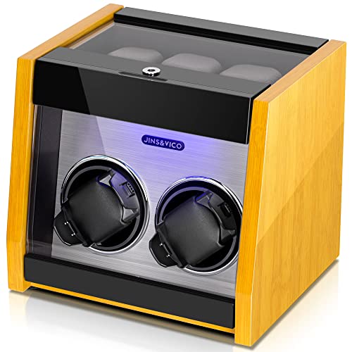 JINS&VICO Watch Winder Made of Premium Bamboo Pattern for 5 Automatic Watches with High-Gloss Craftsmanship, 4 Setting Modes and Super Quiet Motor, Built-in Lock