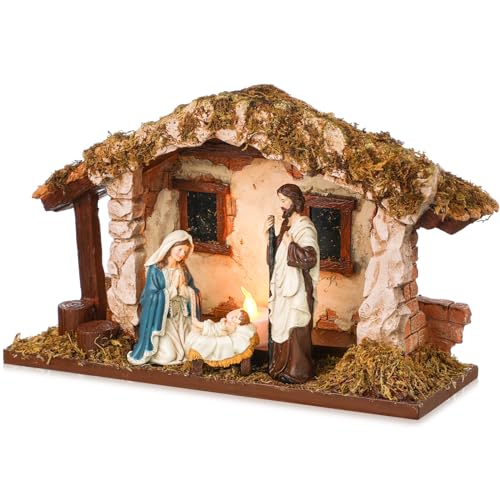 Barydat Christmas Nativity Scene Indoor with Mossy Stable and LED Light, 12.5'' Manger for Nativity Scene, Village Resin Nativity Creche Stable for Christmas Decor