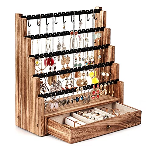 Pinzoveco Earring Organizer, 5 Layer Earring Holder Organizer with Necklace Holder Pole, Rustic Wood Jewelry Organizer Stand Display for Stud Earring Bracelet Necklace Ring, 175 Earring Holes
