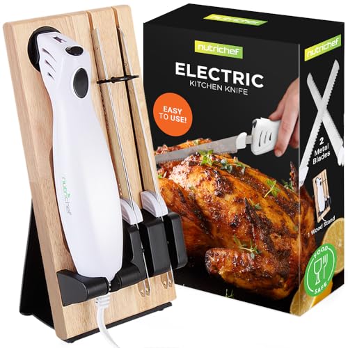NutriChef Electric Carving Turkey Slicer Kitchen Knife | For Thanksgiving | Portable Electrical Food Cutter Knife Set with Carving Blades & Wood Carving Stand | Cuts Meat, Bread, Cheese & Fruit